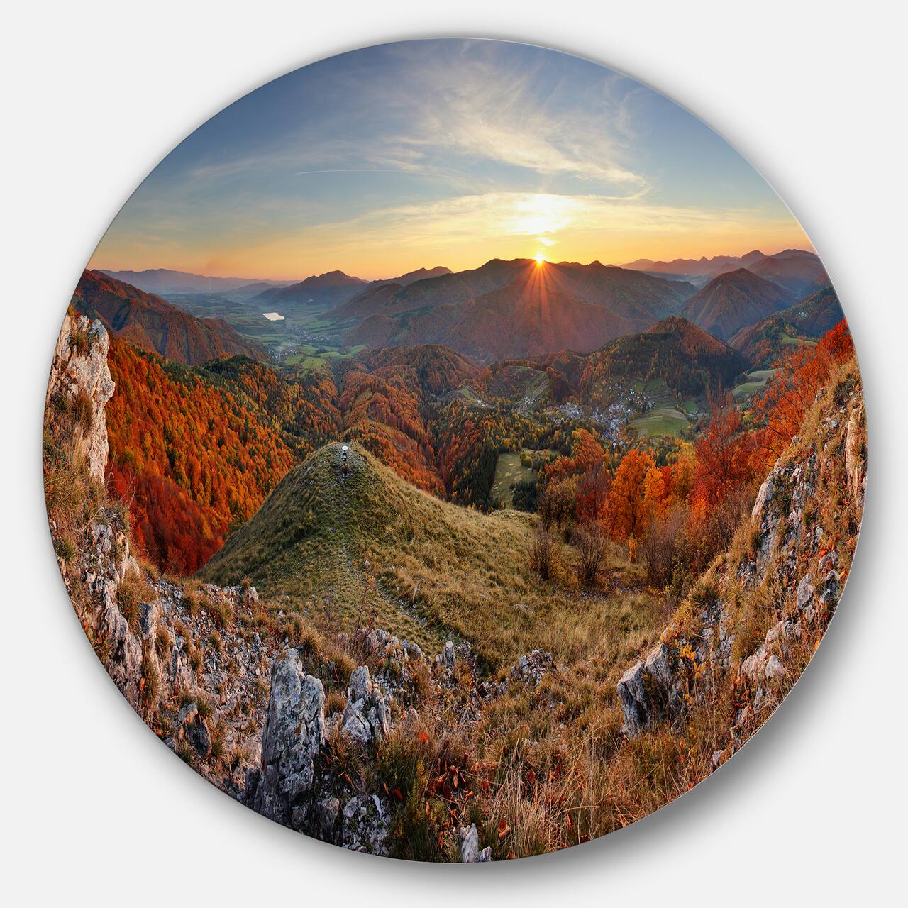 Designart - Majestic Sunset in Mountain Landscape' Landscape Metal Circle Wall Art